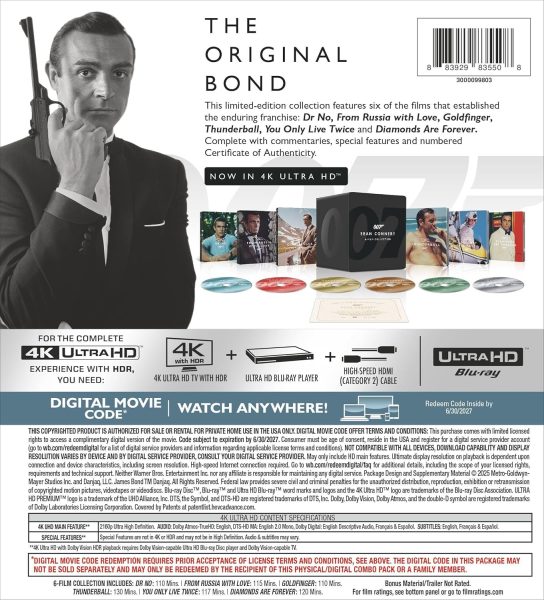 James Bond Sean Connery 6-Film Collection 4k SteelBook specs