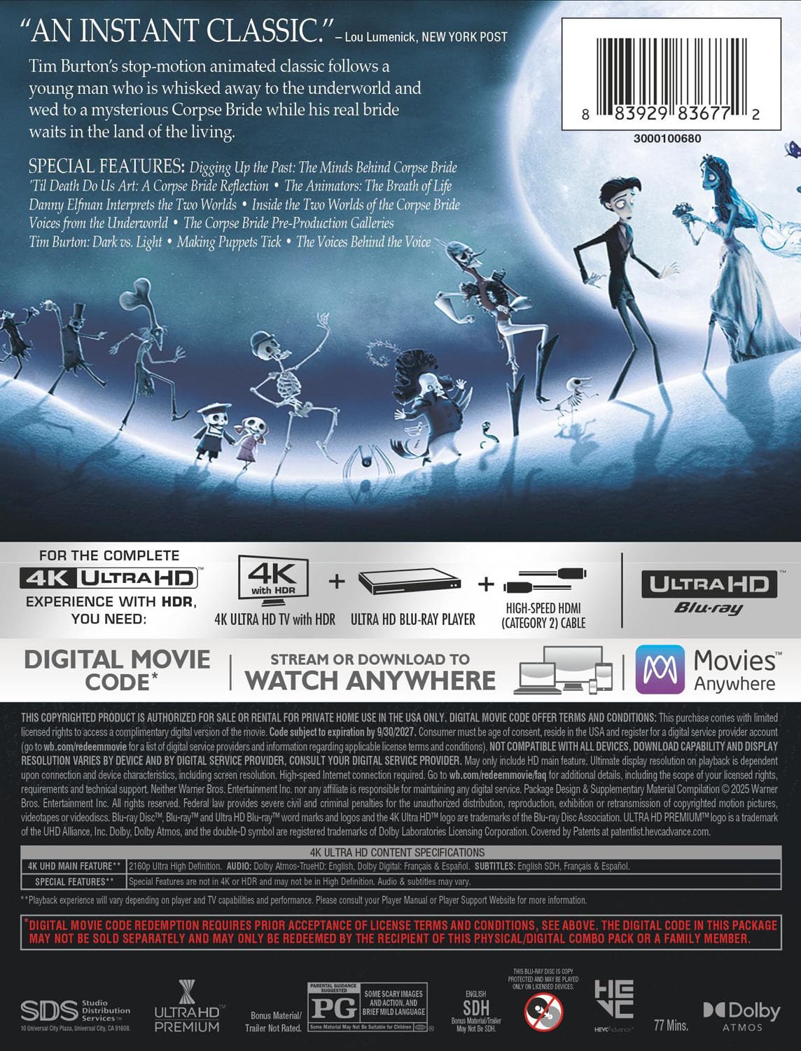 Tim Burton's Corpse Bride (2003) 4k Blu-ray specs
